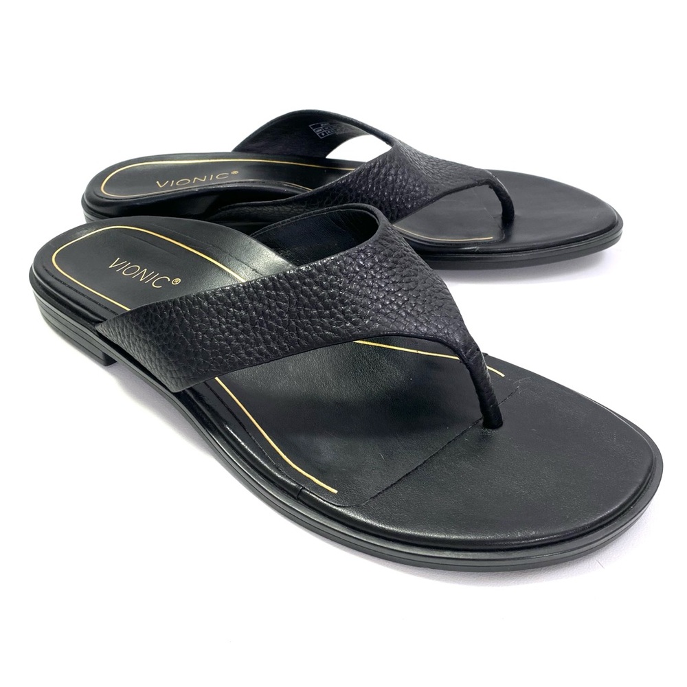 Vionic Womens Black Thong Sandals Size 9 Flat Slip On Leather